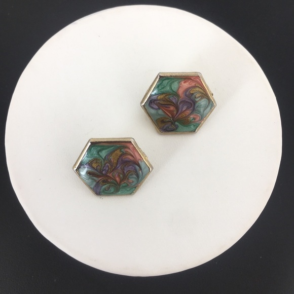 Vintage Hexagon Enamel Marble Post Earrings Pink Green Blue Purple Pastel Retro - Picture 2 of 7